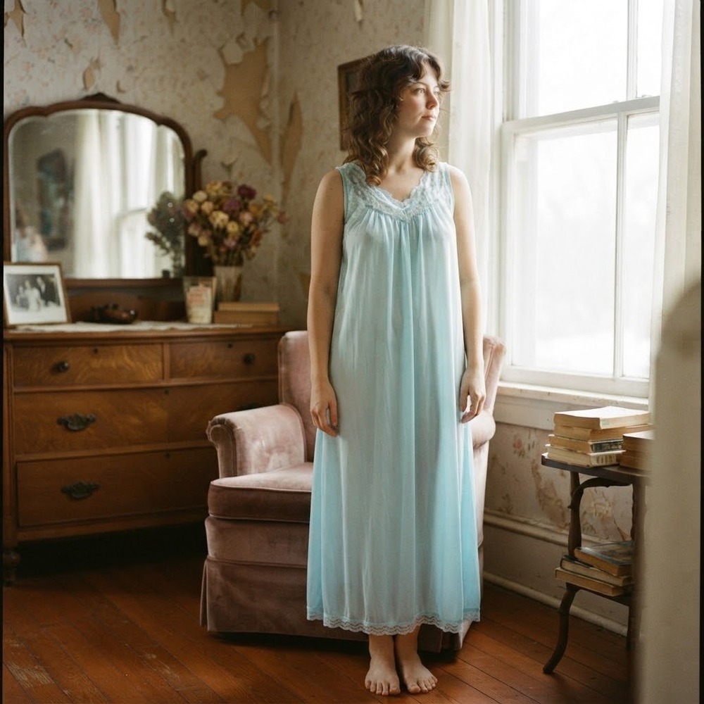 Retro Vintage Shadowline Blue Lace Trim Floral Embroidered Maxi Nightgown USA